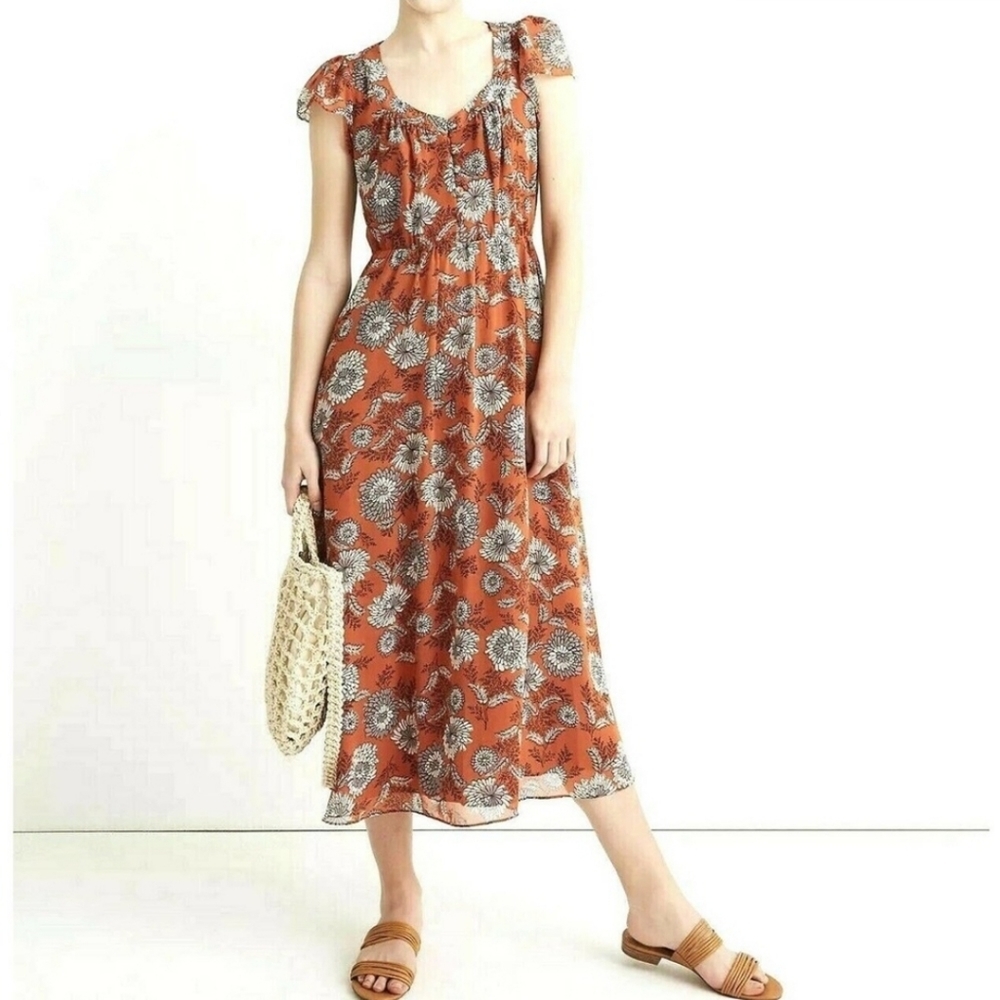 Madewell sheer sleeve button front midi dress floral burnt orange 4